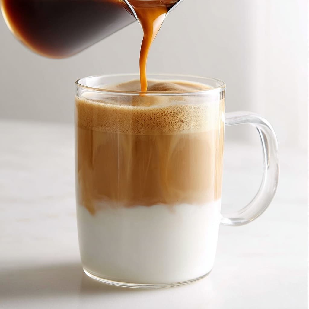 A clear glass mug displays a three-layered beverage: the bottom layer is thick and creamy white milk, the middle layer is a light tan, indicating a gentle blend of espresso and milk, and the topmost layer is a thin, glossy foam with small bubbles. Fresh espresso is being poured in from a glass pitcher, creating swirling patterns between the espresso and the foam, and the background is minimalist and softly lit. photo taken with an iphone