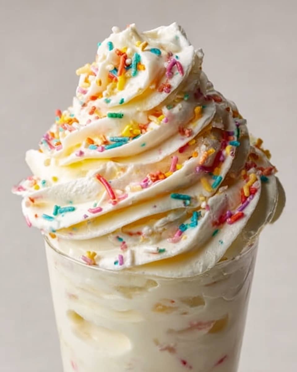 A close-up view of a thick swirl of creamy yellow ice cream with visible smooth texture, topped with many small, colorful rainbow sprinkles in colors like red, green, blue, orange, pink, and white. The ice cream swirl is high and curved with several peaks, sitting inside a clear container. The surface underneath has a white marbled texture. photo taken with an iphone --ar 4:5 --v 7