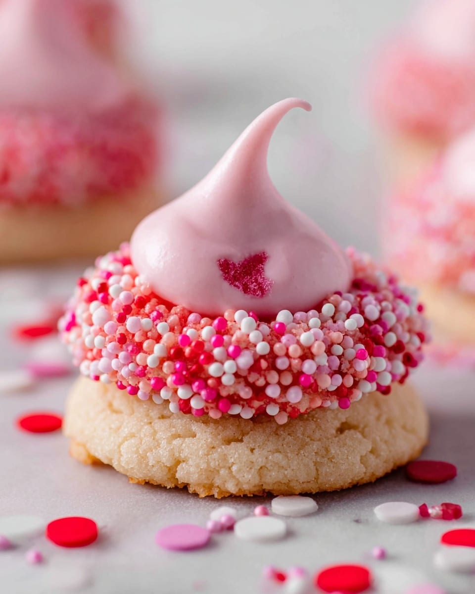 A close-up of a cupcake-shaped cookie with three layers: the bottom layer is a soft, light beige cookie dough covered in tiny, round sprinkles in red, light pink, and white, giving a bumpy texture; the middle layer shows a thicker, smooth, and glossy light pink icing shaped like a dollop on top of the cookie, with small red bits embedded inside; around the cookie, there are scattered red, pink, and white round sprinkles on a white marbled surface. photo taken with an iphone --ar 4:5 --v 7