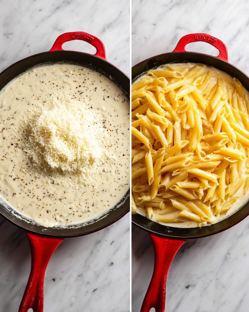 The image shows two red cast iron pans on a white marbled surface. The first pan has a thick white sauce with black pepper specks, topped with a pile of finely grated white cheese at the center. The second pan contains the same white sauce as a base layer, with a large pile of yellow cooked penne pasta spread over it, covering most of the sauce layer. The handle of the pan extends forward in both images. Photo taken with an iphone --ar 4:5 --v 7