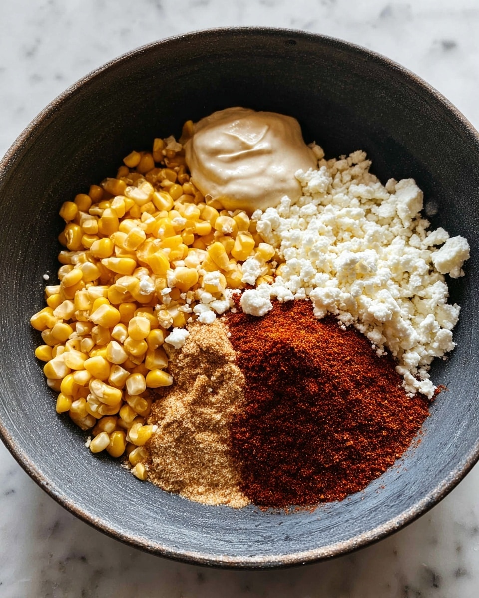 In a deep dark gray bowl set on a white marbled surface, the dish shows five main parts layered side by side starting from the left with bright yellow corn kernels, next to a dollop of smooth, pale beige cream, followed by crumbled white cheese, a layer of coarse white salt, and finally a heap of rich reddish-brown chili powder all clearly separated and filling the bowl evenly, creating a colorful and textured mix photo taken with an iphone --ar 4:5 --v 7