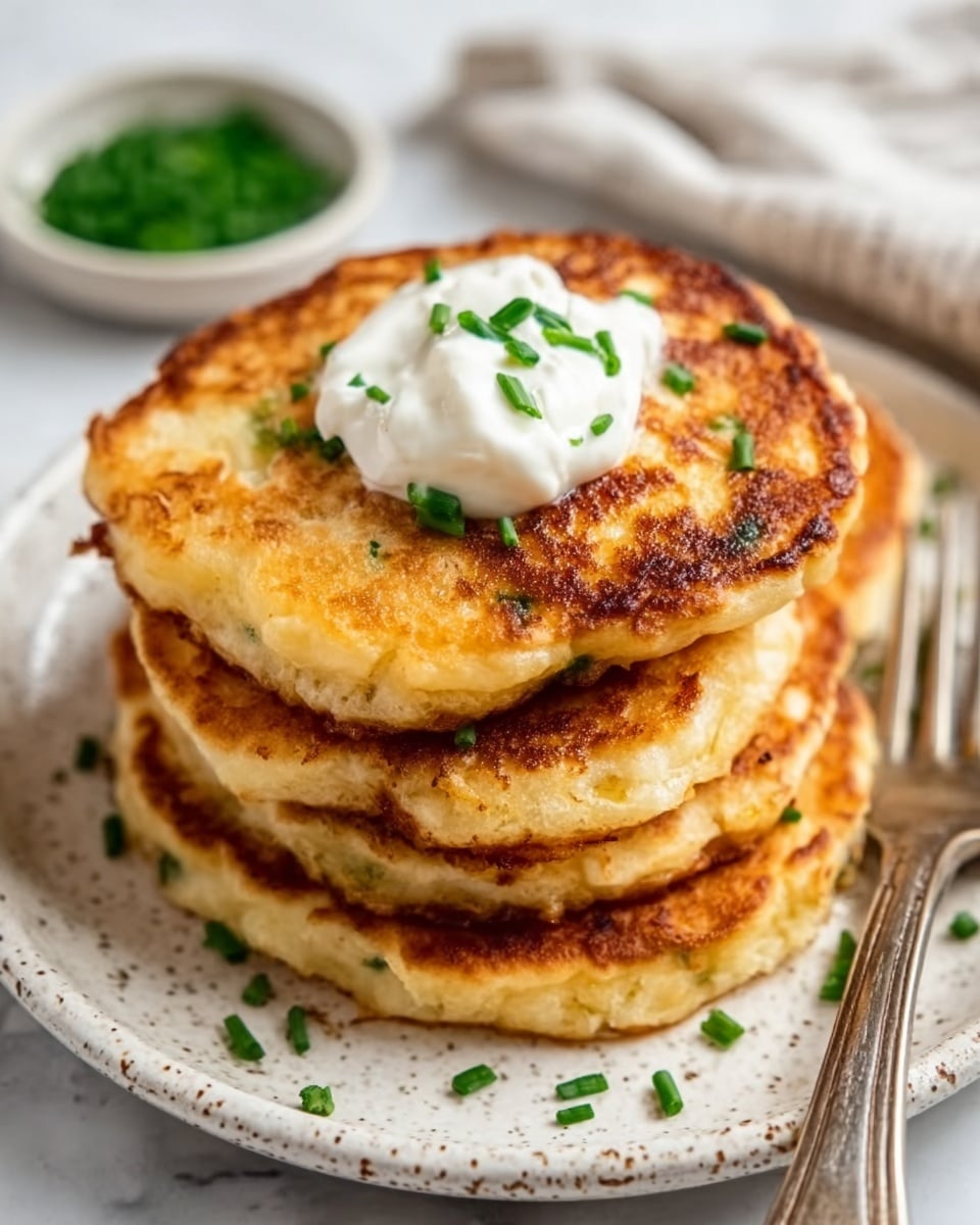 The image shows golden-brown crispy potato pancakes arranged on a white plate placed on a white marbled surface. The pancakes have a rough texture with some visible crispy edges and small green chive pieces sprinkled on top. In the center of the plate, there is a small white bowl filled with white sour cream topped with more chopped chives. A woman's hand is holding one of the potato pancakes, dipping it partly into the sour cream. The colors are warm and natural, highlighting the crispiness and creaminess of the dish. photo taken with an iphone --ar 4:5 --v 7