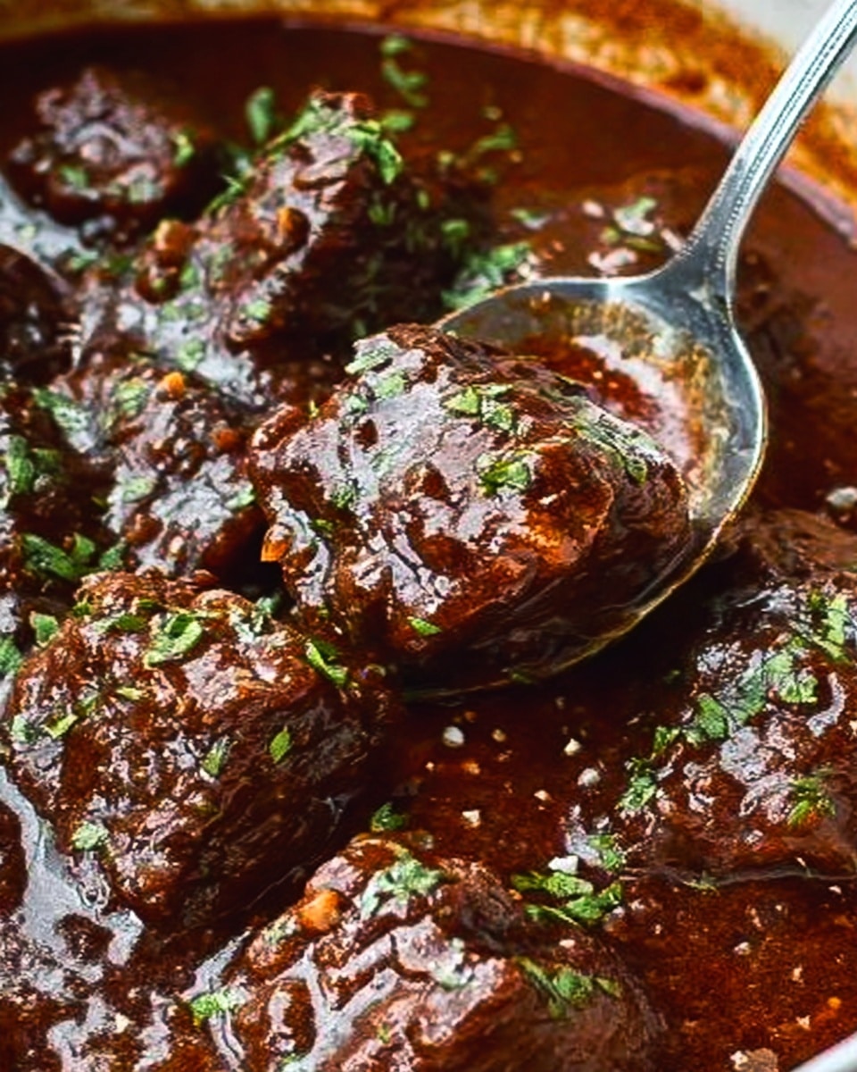 A close-up of a rich, dark brown sauce covering several pieces of tender meat, sprinkled with chopped green herbs on top. A metal spoon is partially dipped into the sauce, showing the thick texture. The surface is shiny and slightly chunky with bits of meat and herbs visible throughout. The setting has a white marbled background. Photo taken with an iphone --ar 4:5 --v 7
