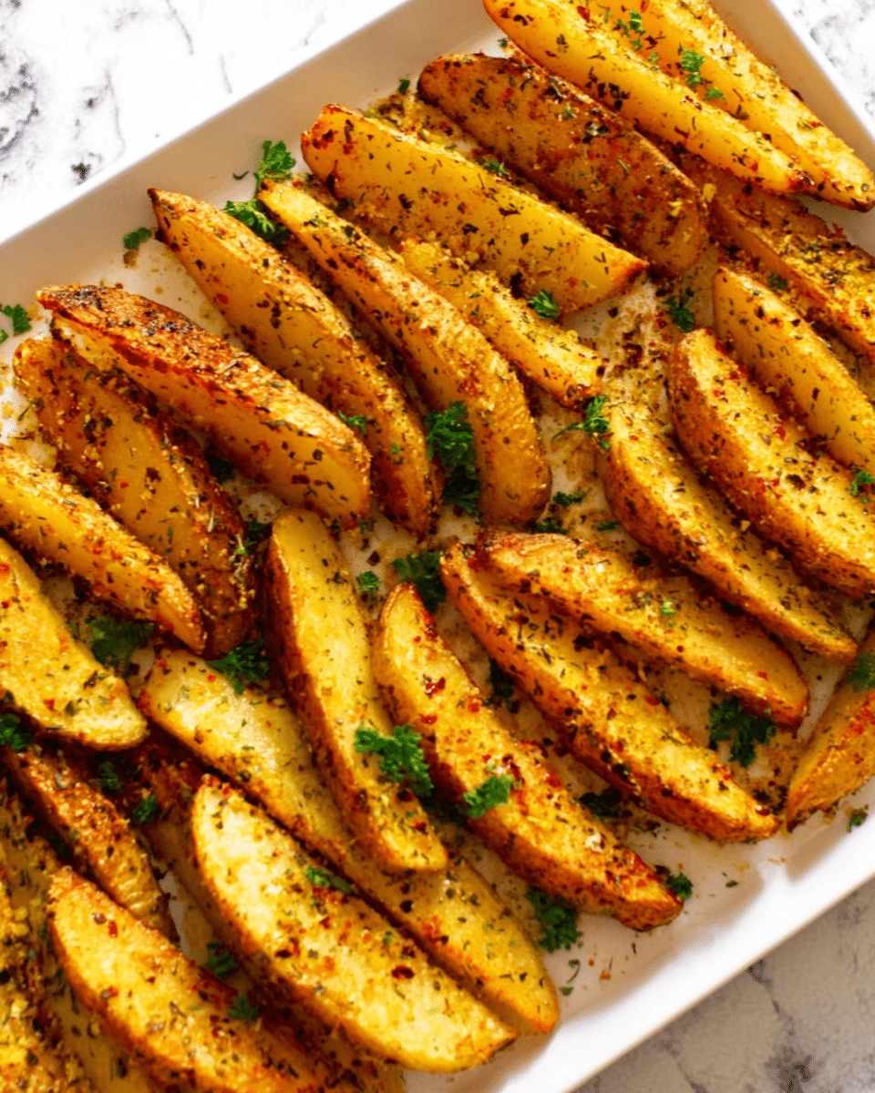 A white tray filled with many evenly spaced potato wedges arranged in rows, each wedge is golden brown with a crispy texture and sprinkled with black pepper and herbs. Small green parsley leaves are scattered on top, adding contrast to the warm colors of the wedges. The tray rests on a white marbled surface, creating a clean and fresh background. Photo taken with an iphone --ar 4:5 --v 7