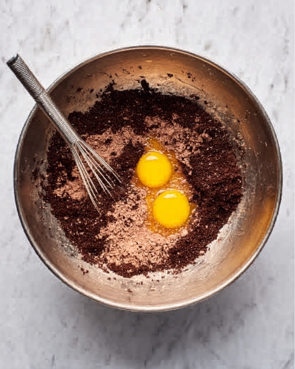In a large silver mixing bowl, there is a mix of dark brown dry ingredients and wet ingredients with two bright yellow egg yolks sitting on top near the center. The dry ingredients form a loose mound around the edges with some small clumps, while the wet part looks smooth and shiny in the middle. A silver whisk rests inside the bowl on the left side, partially submerged in the mixture. The bowl sits on a white marbled surface that contrasts lightly with the bowl’s color. Photo taken with an iphone --ar 4:5 --v 7