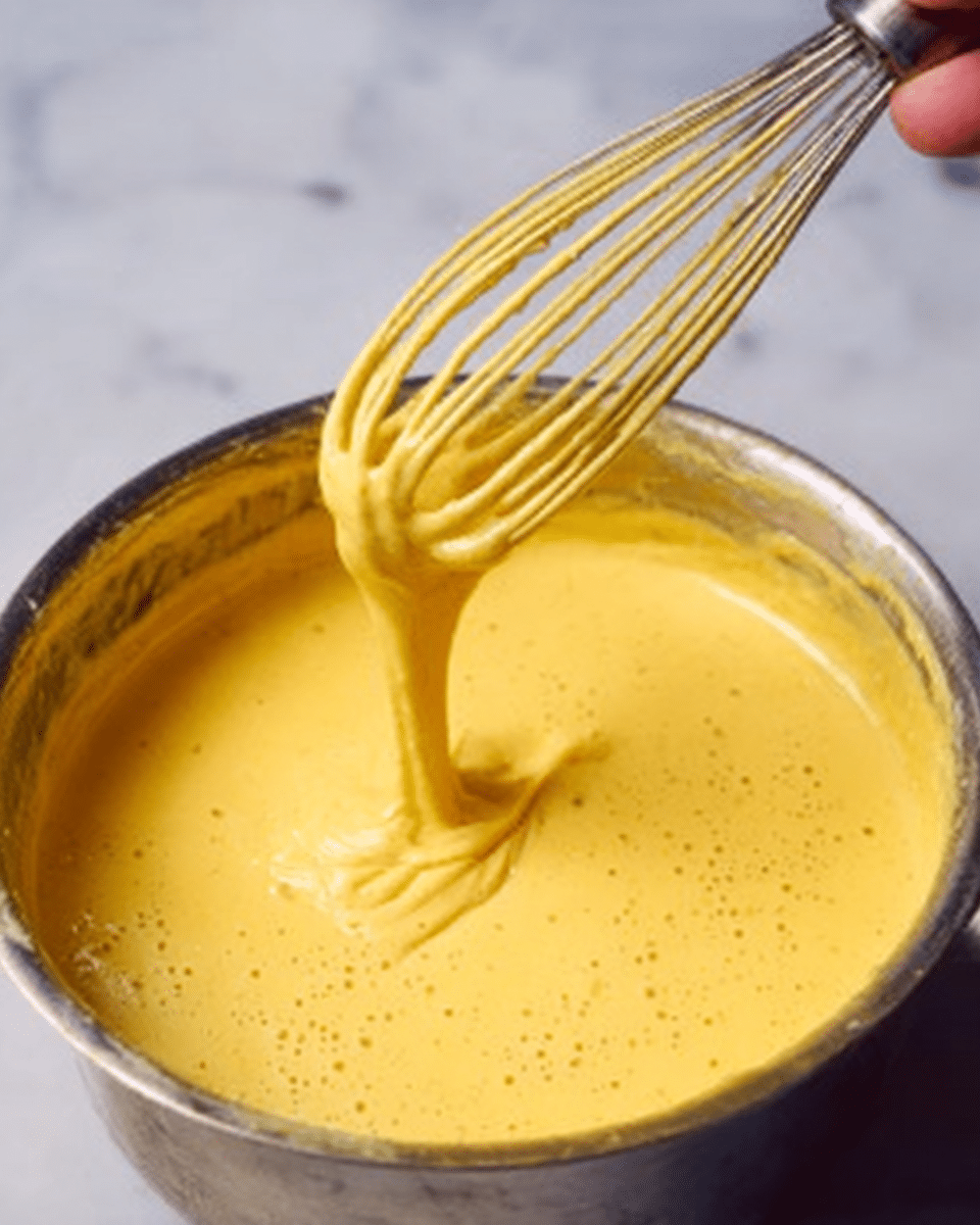 A close-up view of a shiny metal pot filled with thick yellow batter that has a smooth texture with small bubbles on its surface. A whisk is lifting some of the batter, showing its creamy stretchiness as it drips back into the pot. The background features a soft white marbled texture, enhancing the bright yellow color of the batter. A woman's hand is holding the whisk, positioned above the pot. Photo taken with an iphone --ar 4:5 --v 7
