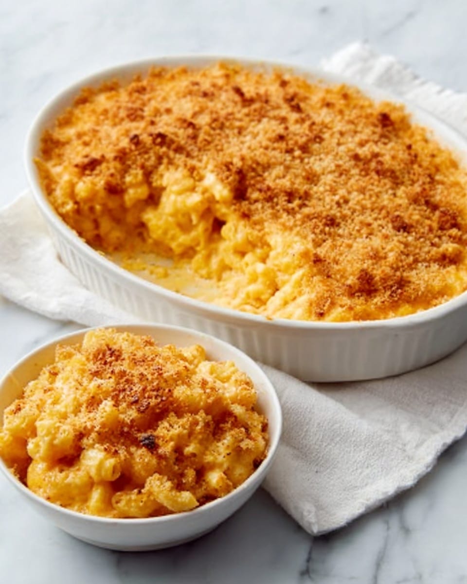 A white round dish filled with creamy yellow-orange baked macaroni and cheese topped with a golden brown crispy crumb layer. In front of it, a smaller white bowl also holds macaroni and cheese with the same golden crust, showing the cheesy texture beneath. Both dishes sit on a white marbled surface with a soft white cloth nearby. The crumb topping looks crunchy and evenly spread across the top. Photo taken with an iphone --ar 4:5 --v 7