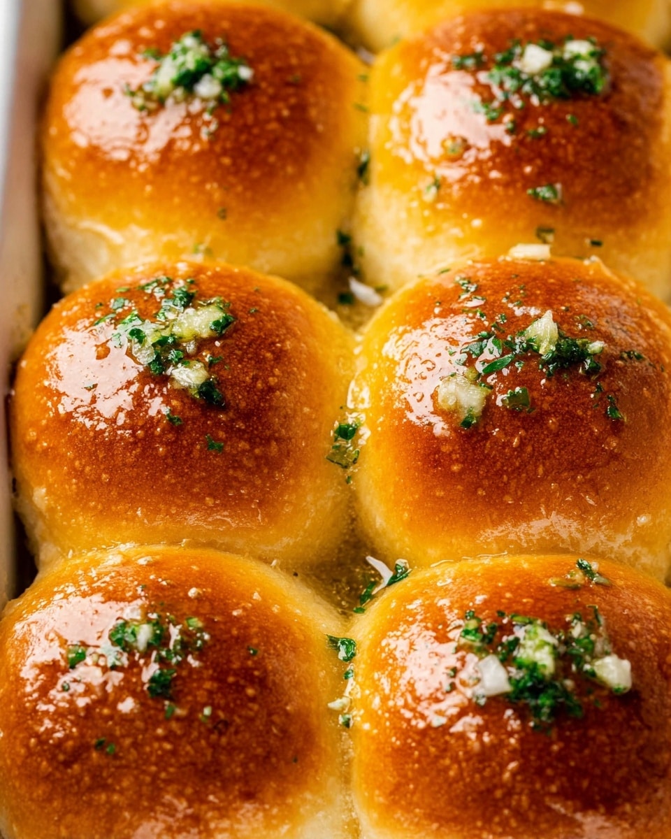 A close-up of nine golden brown dinner rolls placed closely together in a white baking dish, each roll having a smooth glossy top with a slight dome shape. The rolls are brushed with a shiny garlic butter glaze that gives a wet look, and small pieces of chopped garlic and green parsley flakes are sprinkled unevenly on top, adding texture and color contrast. The surface beneath the dish shows a white marbled texture. photo taken with an iphone --ar 4:5 --v 7