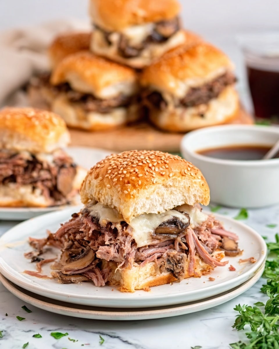 The image shows a white plate with a single sandwich in the center, stacked with layers of shredded meat that look tender and moist, topped with melted cheese and mushrooms. The sandwich is made with a sesame seed bun, golden brown and soft, slightly shiny on top. Behind the plate, there is a stack of similar sandwiches with visible layers of meat and cheese. To the right, there is a small white bowl with a dark-colored sauce. The background surface is a white marbled texture, with some fresh green herbs scattered near the plate. A woman's hand is lightly touching one of the sandwiches in the back. Photo taken with an iphone --ar 4:5 --v 7