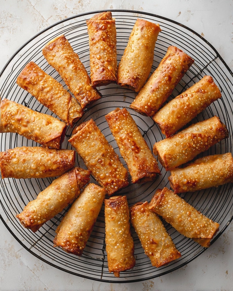 A round black wire cooling rack holds 15 fried egg rolls arranged in a circular pattern on a white marbled surface. Each egg roll is golden brown with a crispy texture covered in small bubbles and slight color variations from light to darker brown. The egg rolls are tightly rolled with the edges sealed and have an oily shine reflecting light. The photo taken with an iphone --ar 4:5 --v 7