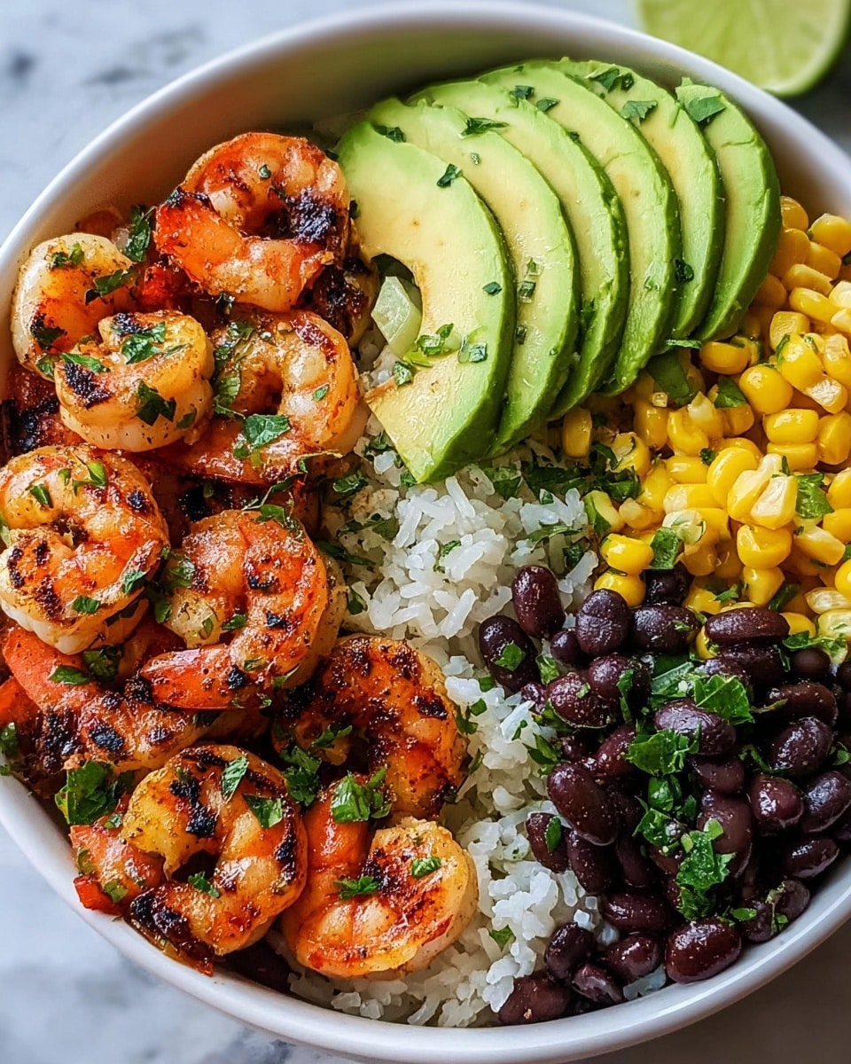 The dish is served in a white bowl on a white marbled surface, with five main layers arranged side by side. The bottom layer is white rice with some green herbs sprinkled on top. On the left side, there is a pile of grilled shrimp, orange and pink in color with dark char marks and green herb bits scattered over them. Above the shrimp, avocado slices are placed in a fan shape, showing light green and creamy textures. To the right, there are bright yellow corn kernels mixed with small green herb pieces. Next to the corn, black beans are piled with a glossy dark texture and sprinkled with green herbs. A wedge of lime is visible at the bottom right corner. photo taken with an iphone --ar 4:5 --v 7