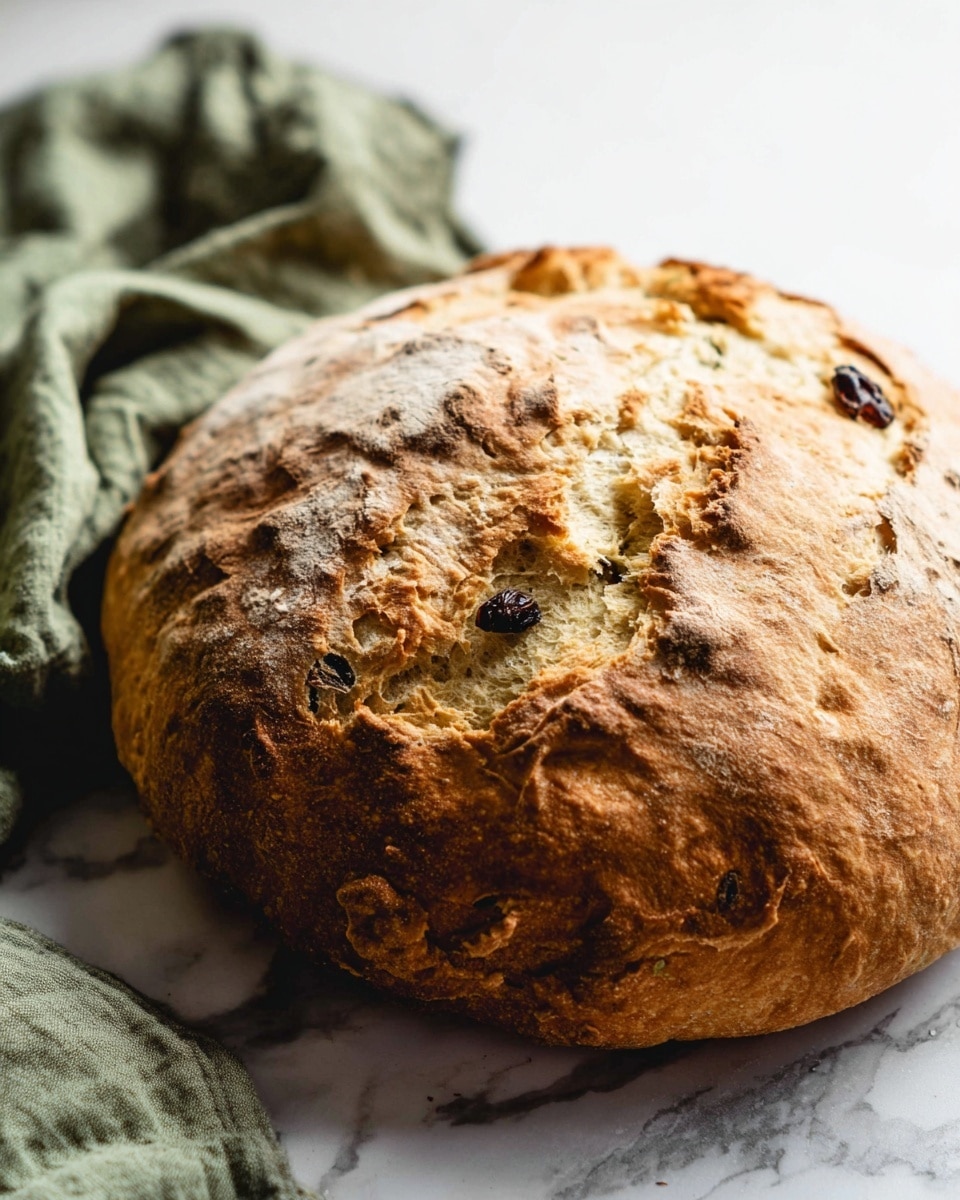 A round loaf of bread with a golden-brown crust sits on a white marbled surface. The crust is uneven and rough, with a few darker spots and cracks showing the soft, light inside. Small dark spots of dried fruit are visible on the surface of the bread. To the side, there is a crumpled green cloth. The bread looks rustic and freshly baked. photo taken with an iphone --ar 4:5 --v 7