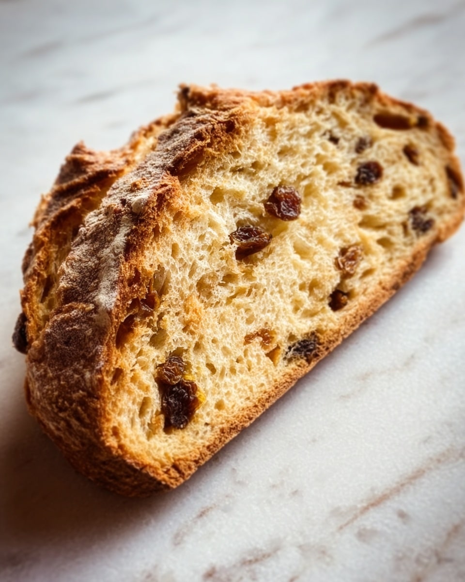 A single slice of golden-brown raisin bread with a crisp crust rests diagonally on a white marbled surface. The bread slice shows a soft, light tan inside speckled evenly with dark raisins throughout. The crust is thick with a rough, flaky texture and a slightly darker golden color than the inside. Photo taken with an iphone --ar 4:5 --v 7