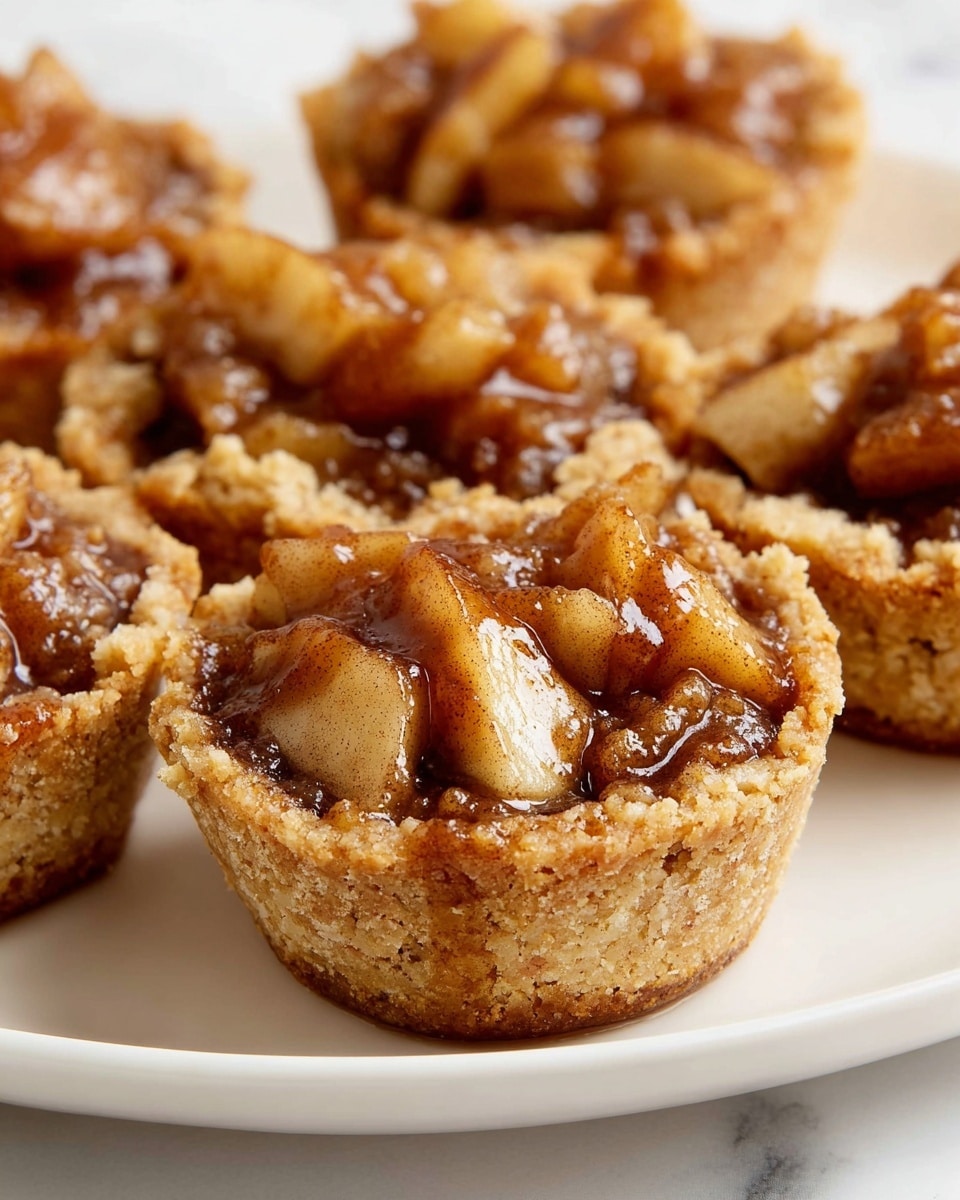 The image shows several small apple tarts on a white plate, each tart having two main layers: a thick, crumbly golden crust on the bottom and around the sides, and a chunky apple filling mixed with a cinnamon-spiced sauce on top. The crust's texture looks crumbly and slightly rough, while the apple filling is glossy and moist with visible slices of soft, cooked apples coated in a brownish cinnamon syrup. The background is a white marbled texture. Photo taken with an iphone --ar 4:5 --v 7