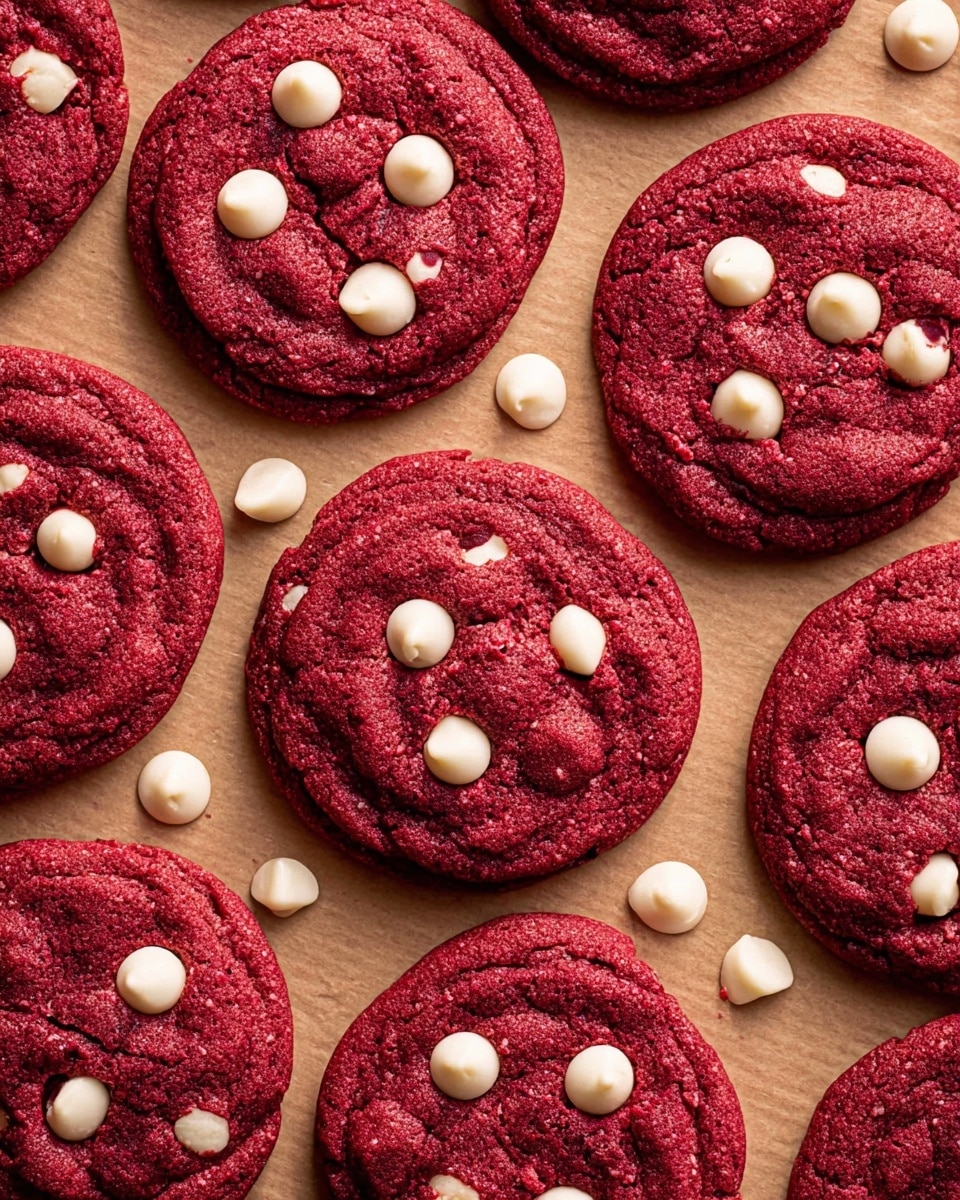 The image shows several deep red cookies spread out closely on a light brown paper with a slightly rough texture. Each cookie has a round shape with a soft, slightly bumpy surface and is topped with scattered small white chocolate chips that stand out against the red color. Around the cookies on the paper, some white chocolate chips are scattered randomly, adding to the look. The edges of the cookies have a gentle raised rim, giving them a thick but soft appearance. photo taken with an iphone --ar 4:5 --v 7