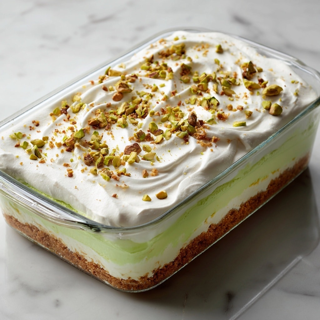 A rectangular glass dish holds a layered dessert with three visible layers: a bright light blue creamy layer at the bottom, followed by a thin layer of crushed light brown nuts or crumbs, then another blue creamy layer, and topped with a thick white whipped cream layer spread smoothly with gentle swirls. Small greenish-brown nuts are scattered evenly on top, adding texture. The dish sits on a white marbled surface. Photo taken with an iphone --ar 4:5 --v 7