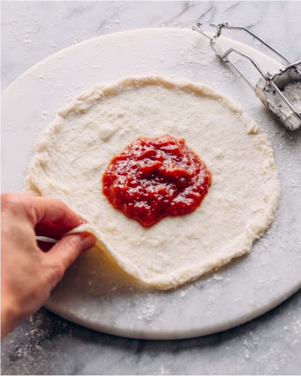 A white round dough circle lying flat on a round white marble surface, topped with a small mound of bright red tomato sauce in the center. A woman’s hand is holding the dough circle gently near the edge, preparing to fold or shape it. Small silver kitchen tools are visible near the dough, adding a sense of preparation. The dough’s texture looks soft and smooth, with slight flour dusting on the marble surface. photo taken with an iphone --ar 4:5 --v 7