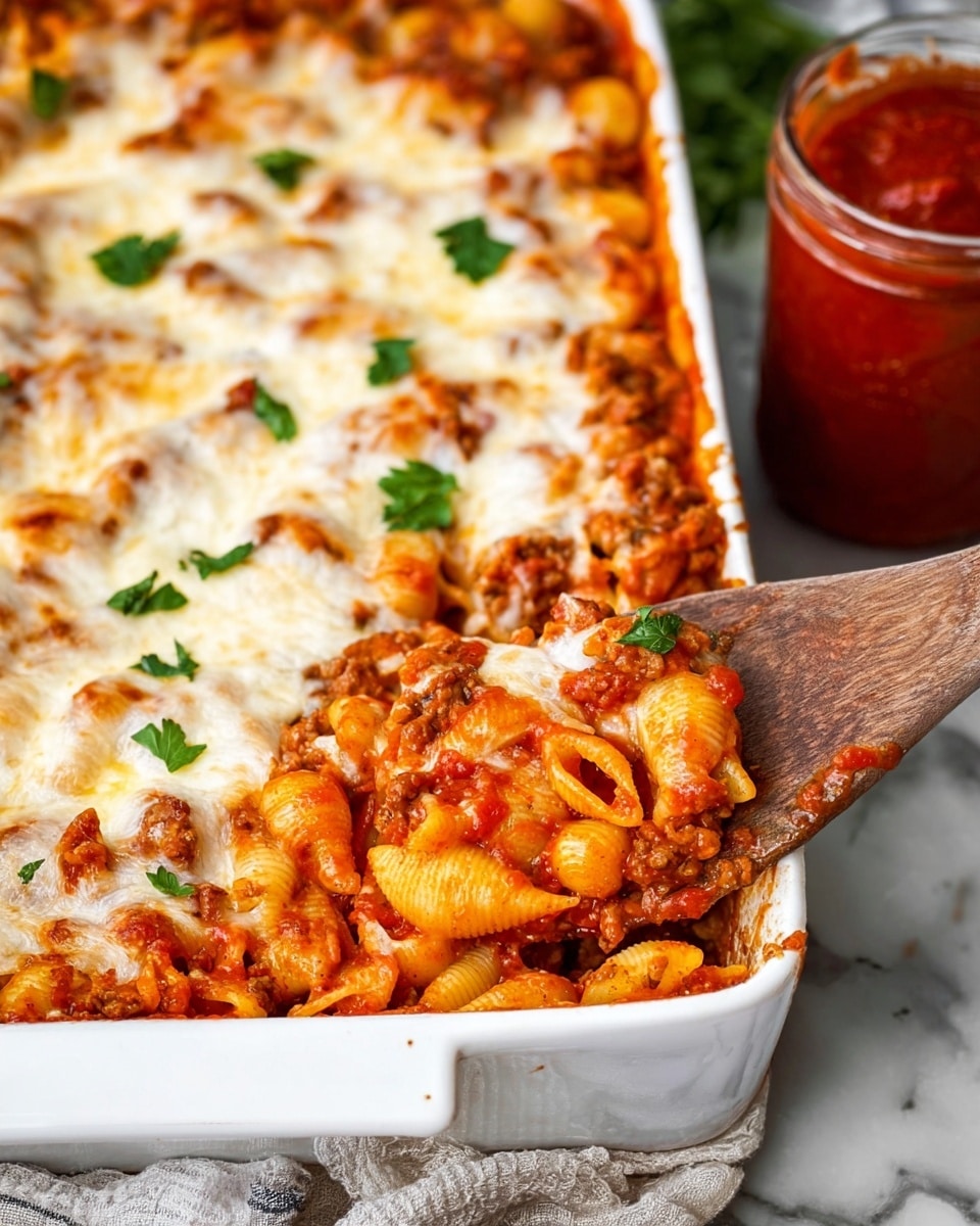 A white baking dish filled with baked pasta has three clear layers: the bottom pasta layer is shell pasta mixed with red tomato sauce and meat, the middle layer is a thick mix of more tomato sauce and meat, and the top layer is melted light golden cheese with small green parsley leaves scattered on it. A wooden spoon scoops out some pasta from the corner, showing the inside texture, while a jar of red sauce sits beside the dish on a white marbled surface. photo taken with an iphone --ar 4:5 --v 7