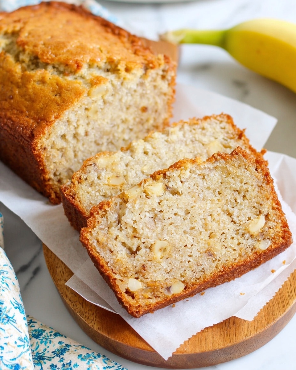Two slices and one larger piece of banana bread are placed on white parchment paper over a round wooden board. The banana bread has a golden brown crust with a soft, moist texture inside, showing small bits of banana. The bread has a light beige color with tiny darker specks throughout. A yellow banana and a green onion lie on the side on a white marbled surface. A piece of cloth with a blue floral pattern is partially visible. Photo taken with an iphone --ar 4:5 --v 7