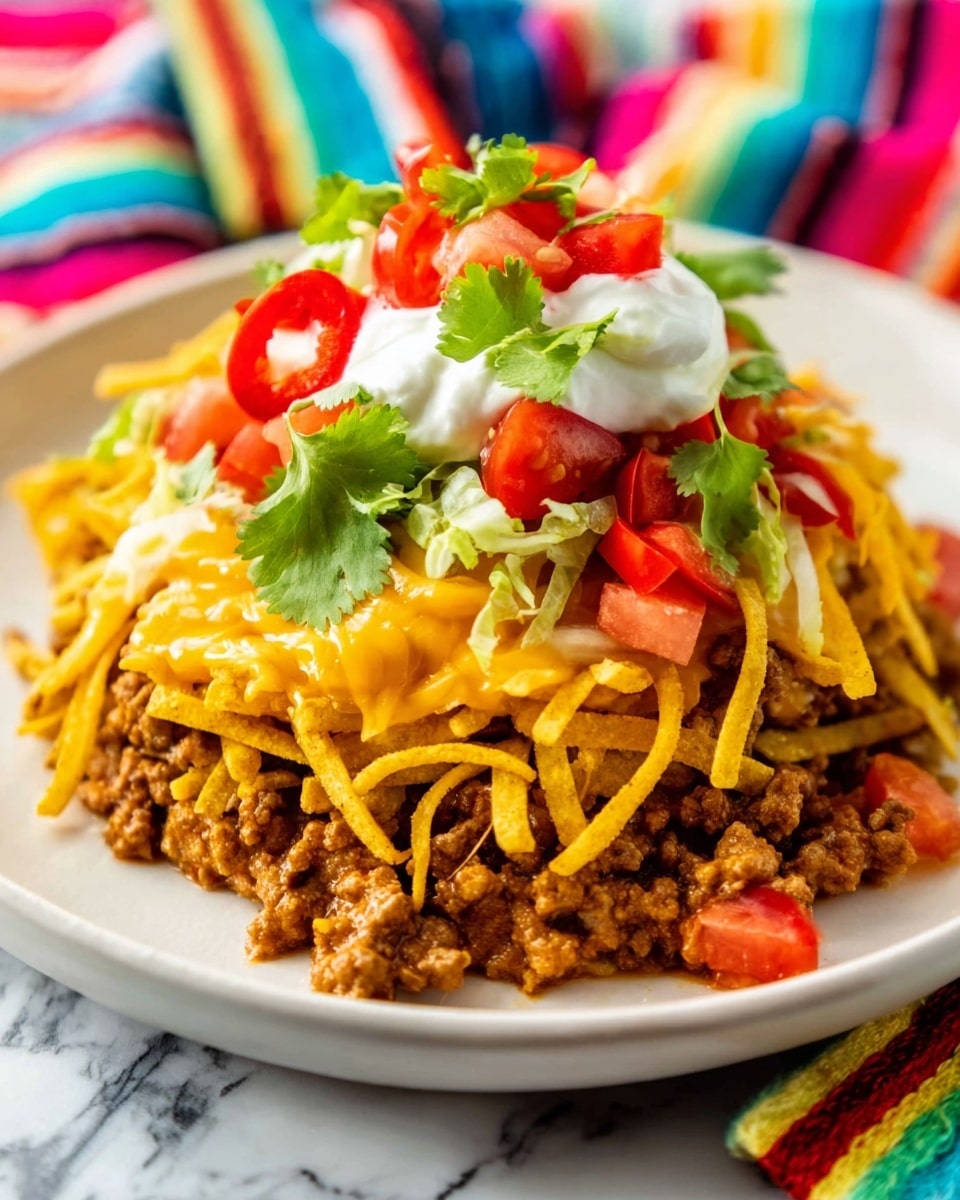 A white plate holds a layered taco salad with a base of cooked ground meat mixed with spices, topped with a crunchy layer of thin yellow tortilla strips. Above this, there is a layer of shredded melted cheese that is light golden in color. On top, there is a white dollop of sour cream, bright red diced tomatoes, fresh green cilantro leaves, and small red hot pepper slices, all adding a fresh look with varied textures. The plate is placed on a white marbled surface with colorful striped fabric blurred in the background. Photo taken with an iphone --ar 4:5 --v 7