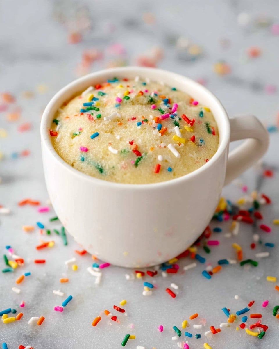 A white cup filled with a light yellow cake topped with small, colorful rainbow sprinkles scattered on top; the cake surface looks soft and moist, rising just slightly above the rim of the cup. Around the cup, on a white marbled surface, more rainbow sprinkles are scattered loosely, adding a playful touch to the scene. The lighting highlights the texture of the cake and the bright colors of the sprinkles, making the whole setup look inviting and cheerful. photo taken with an iphone --ar 4:5 --v 7