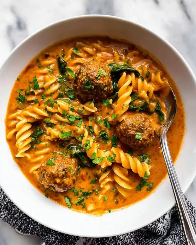 Meatball Soup with Rotini, Spinach, and Parmesan Recipe