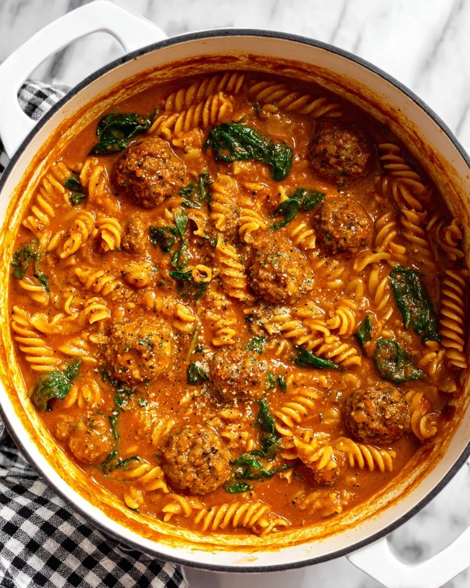 A large white pot filled with a thick, rich orange-red sauce that covers twisted rotini pasta and small brownish meatballs. Bright green spinach leaves are mixed in, adding color contrast throughout the dish. The sauce looks creamy with small bits of tomato and seasoning visible, giving the dish a hearty and textured appearance. The white pot is placed on a white marbled surface with a white and black checkered cloth partially visible under one handle. Photo taken with an iphone --ar 4:5 --v 7