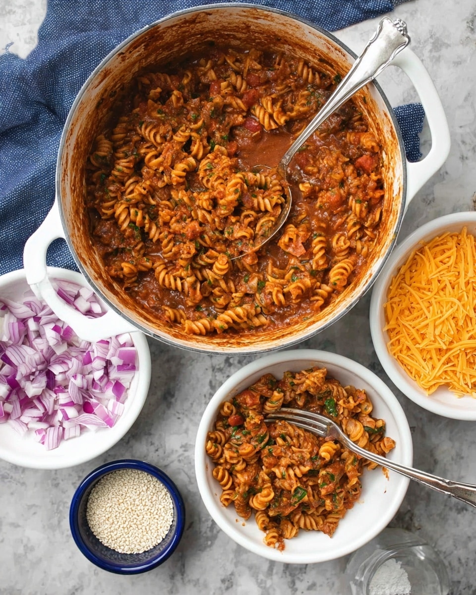 A large white pot filled with spiral pasta covered in a thick reddish-brown sauce with visible chunks of tomatoes and green herbs, with a silver spoon inside the pot. Around the pot, there are three white bowls: one with the same pasta and sauce, topped with finely chopped red onions, shredded orange cheese, and white sesame seeds, another bowl filled with chopped red onions, and a third bowl containing shredded orange cheese. A small blue bowl holds white sesame seeds with a few scattered around it. A woman's hand holds a fork in the bowl of pasta at the bottom of the image. The background is a white marbled texture with a blue cloth near the pot. Photo taken with an iphone --ar 4:5 --v 7