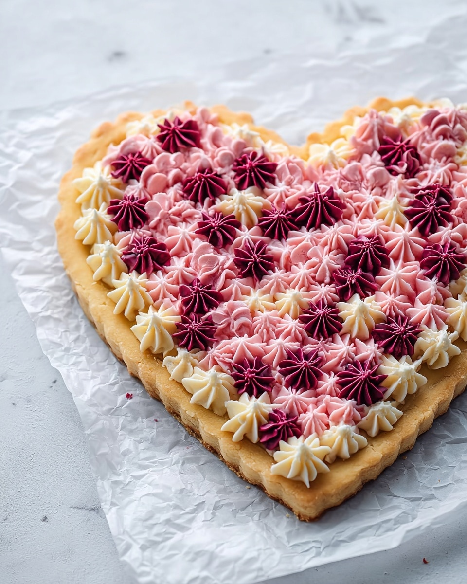 The heart-shaped tart has a golden crust with a slightly raised edge. It is covered with two layers of piped cream dots on top; the first layer consists of light pink small round stars close together, and the second layer features larger dark pink star shapes scattered evenly above the lighter cream, creating a textured floral look. The tart sits on a crinkled white paper on a white marbled surface. Photo taken with an iphone --ar 4:5 --v 7