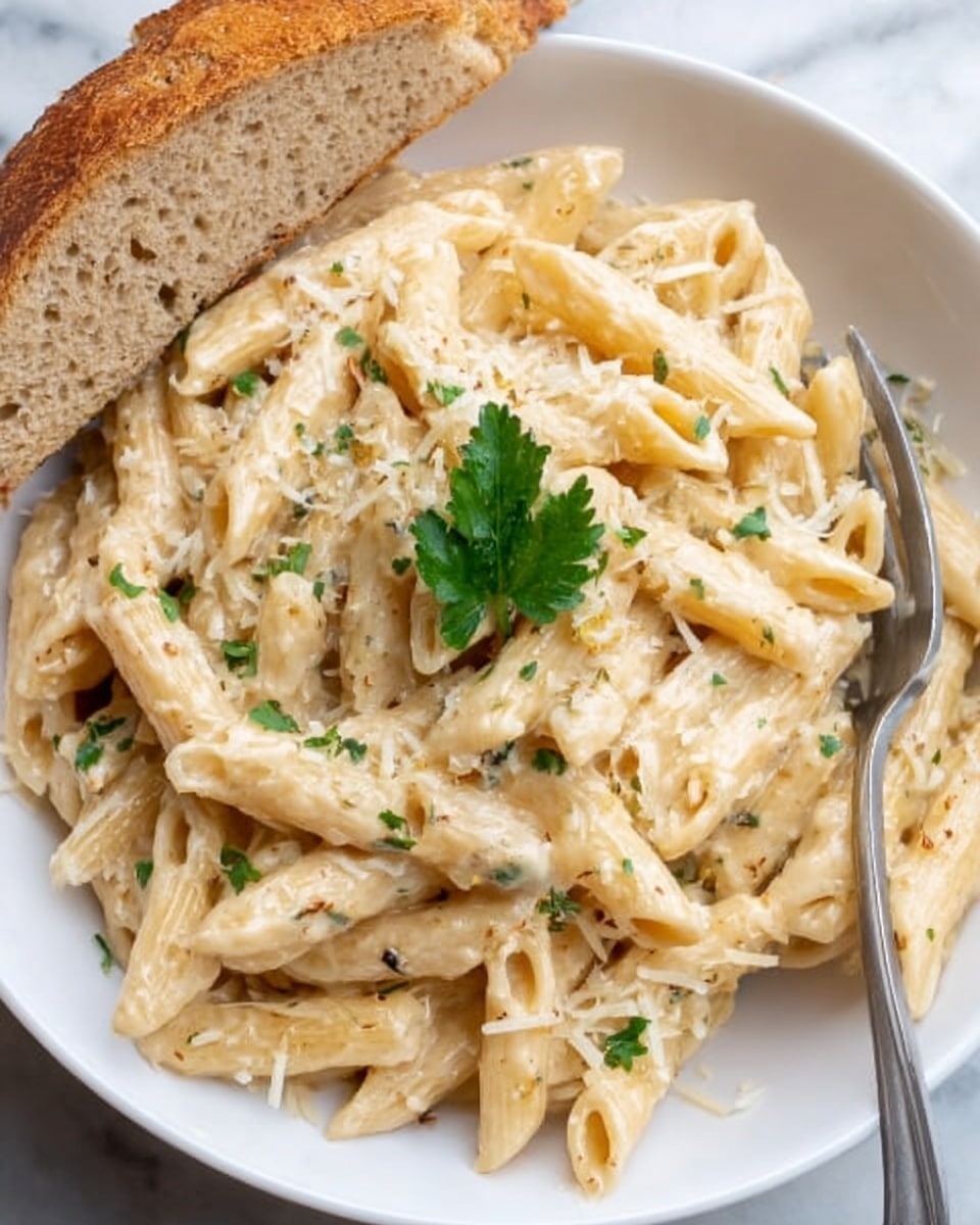 A white bowl filled with creamy penne pasta in a light beige sauce, topped with small bits of grated cheese and a sprig of green parsley placed in the center. The pasta looks soft and smooth, coated evenly with the sauce, with some small green herb bits scattered throughout. The bowl rests on a white marbled surface, and a fork is placed in the pasta on the right side. A slice of brown bread leans against the top edge of the bowl. Photo taken with an iphone --ar 4:5 --v 7