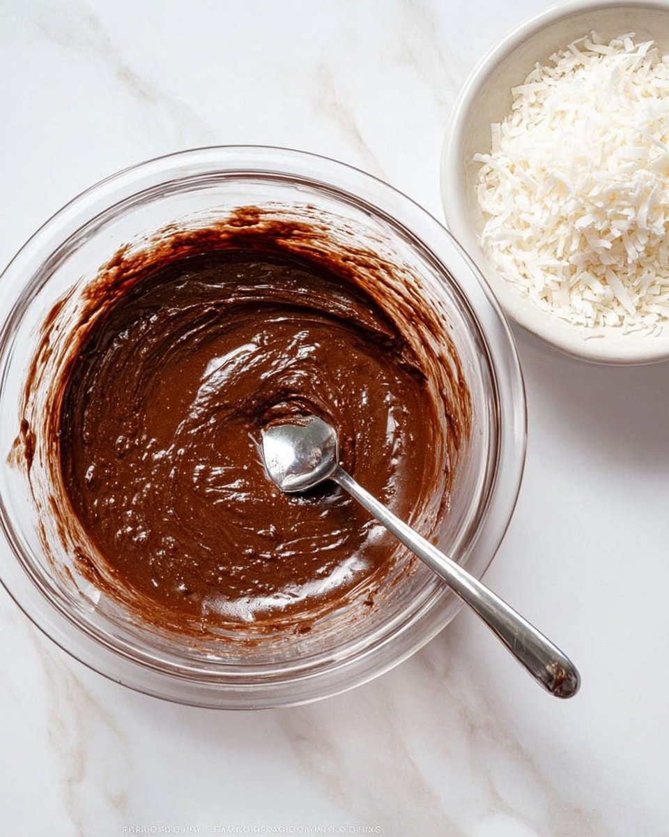 A clear glass bowl sits on a white marbled surface with a thick, smooth mixture of dark brown batter inside. A silver spoon is resting in the bowl, slightly covered by the batter with some batter spread around the sides of the bowl. To the right, there is a small white bowl filled with finely shredded white coconut flakes. The background is softly lit, highlighting the textures of the batter and coconut. photo taken with an iphone --ar 4:5 --v 7