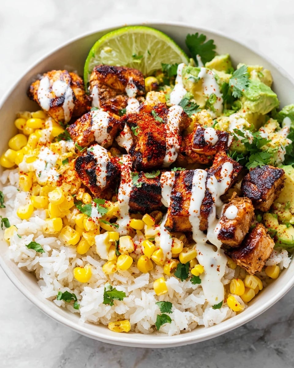 A white bowl filled with three layers: the bottom layer is fluffy white rice mixed with small green cilantro leaves, the middle layer is bright yellow corn kernels scattered evenly, and the top layer consists of grilled chicken pieces with dark char marks, covered with a drizzle of white creamy sauce and sprinkled with red chili powder. There are also small chunks of green avocado and fresh cilantro leaves on top, with a lime wedge placed on the edge of the bowl. The bowl sits on a white marbled surface. Photo taken with an iphone --ar 4:5 --v 7