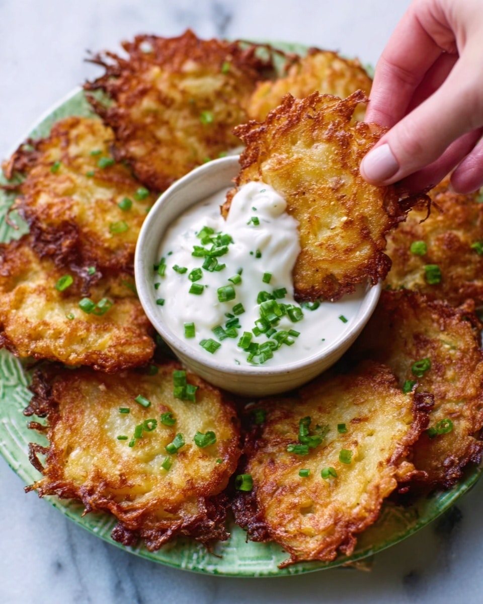The image shows a stack of golden-brown pancakes on a white speckled plate. There are about four pancakes, each thick and fluffy with a slightly crispy edge. The top pancake is topped with a dollop of white sour cream and small green chives sprinkled over it. The pancakes have small green herbs mixed inside the batter, visible on the surface. The plate sits on a white marbled surface, and a silver fork is placed next to it. Photo taken with an iphone --ar 4:5 --v 7
