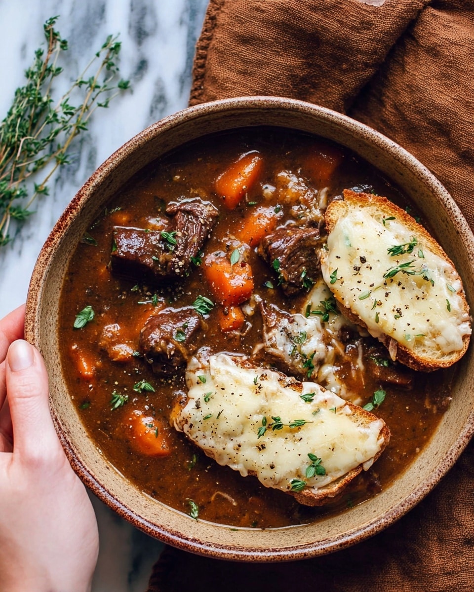A rustic bowl filled with a rich brown beef stew containing tender chunks of beef, orange carrot pieces, and fresh green herbs scattered on top. Resting on the stew are two slices of toasted white bread, each covered with melted creamy white cheese and sprinkled with fresh green thyme leaves and black pepper. A woman's hand is seen holding a brown cloth napkin beside the bowl, placed on a white marbled surface. Photo taken with an iphone --ar 4:5 --v 7