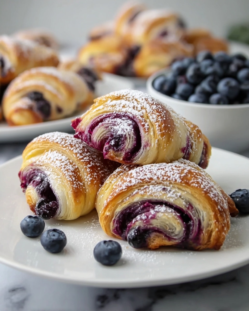 The image shows a baking tray with nine crescent-shaped pastries placed on white parchment paper. Each pastry has three visible layers: a golden-brown flaky dough layer wrapped around a dark purple-blueberry filling that slightly oozes out at the bottom edges, creating a glossy spread around the pastries. The top dough layers have a shiny, slightly crispy texture. The pastries are dusted evenly with fine white powdered sugar, adding a light, snowy touch. The baking tray sits on a white marbled surface. photo taken with an iphone --ar 4:5 --v 7
