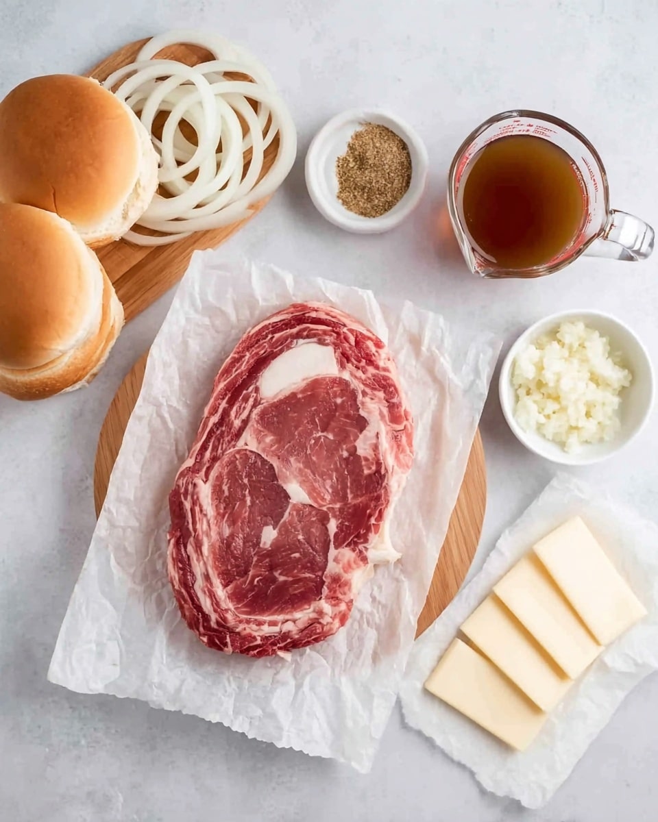 The image shows a raw steak with marbled white fat on a light brown wooden board covered with white parchment paper in the center. To the left, there is a small pile of white sliced onion rings on a small light brown wooden board, with a few soft sandwich buns just above them. Above the steak, there is a small white bowl filled with a spice mix, and below the steak, there is another small white bowl holding minced garlic. To the right of the steak, there are even slices of white cheese arranged in a neat line on a piece of white parchment paper. Above the cheese, there is a glass measuring cup filled with brown liquid. All items are placed on a white marbled texture surface. photo taken with an iphone --ar 4:5 --v 7