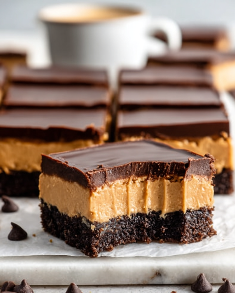 The image shows a close-up of square dessert bars arranged in rows on a white marbled surface. Each bar has three layers: a dark brown, crumbly bottom layer resembling brownie or cookie crust; a thick middle layer of creamy light brown peanut butter filling with a smooth texture; and a shiny, smooth dark chocolate top layer. One square bar is slightly pulled out, revealing clean, sharp edges. The background includes a white cup and scattered chocolate chips. Woman's hand is not visible. Photo taken with an iphone --ar 4:5 --v 7