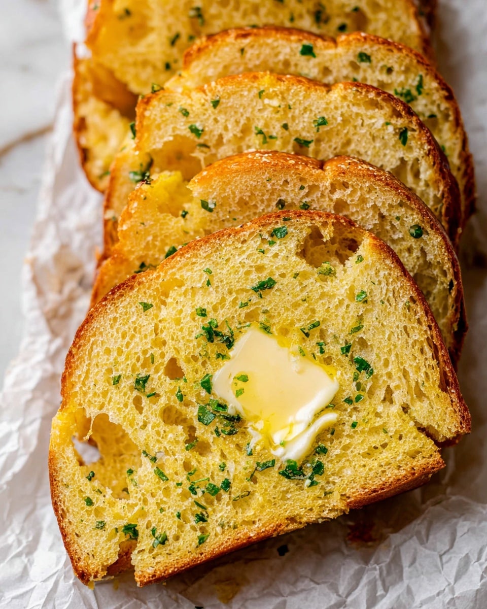 The image shows four slices of golden yellow garlic bread layered in a row on white crumpled paper on a white marbled surface. Each slice has a crispy brown crust and a soft, porous interior dotted with finely chopped green herbs. The front slice has a small melting pat of pale yellow butter resting in the middle, adding a glossy texture. The bread looks warm and inviting with bits of toasted garlic visible near the edges. Photo taken with an iphone --ar 4:5 --v 7