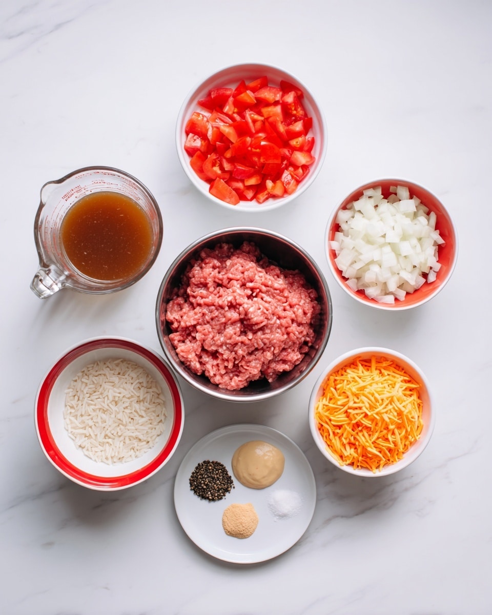 The image shows seven bowls and a measuring cup arranged in a circle on a white marbled surface, each containing a different ingredient. At the center is a medium-sized stainless steel bowl filled with raw ground meat that is pink and textured. Directly above it is a white bowl with chopped red and white onions, neatly divided by color with red pieces on top and white below. To the right of this is a white bowl with a red rim, containing diced red tomatoes with some juice. Below this bowl is a small white cup filled with shredded orange cheese. Further down, there is a small white plate holding piles of black pepper, pink salt, and a pale yellow paste, arranged in a small cluster. To the left of this is a clear glass measuring cup with brown liquid inside. Above this cup is a small white bowl filled with uncooked white rice. All items create a clean and organized visual of fresh ingredients, photo taken with an iphone --ar 4:5 --v 7