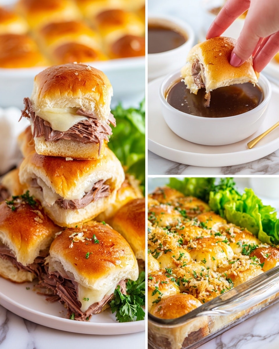 A close-up of a white plate filled with golden brown slider buns topped with crispy fried onions and chopped green herbs, each bun containing thin slices of roast beef layered over melted pale yellow cheese inside soft, fluffy bread; next to the plate is a white bowl of dark brown dipping sauce with a woman's hand holding one slider dipped halfway into the sauce, showing layers of the sandwich; in a clear baking dish, rows of sliders sit closely together with the same layers visible through the bread; the background is a white marbled surface with fresh green lettuce behind the plate. photo taken with an iphone --ar 4:5 --v 7