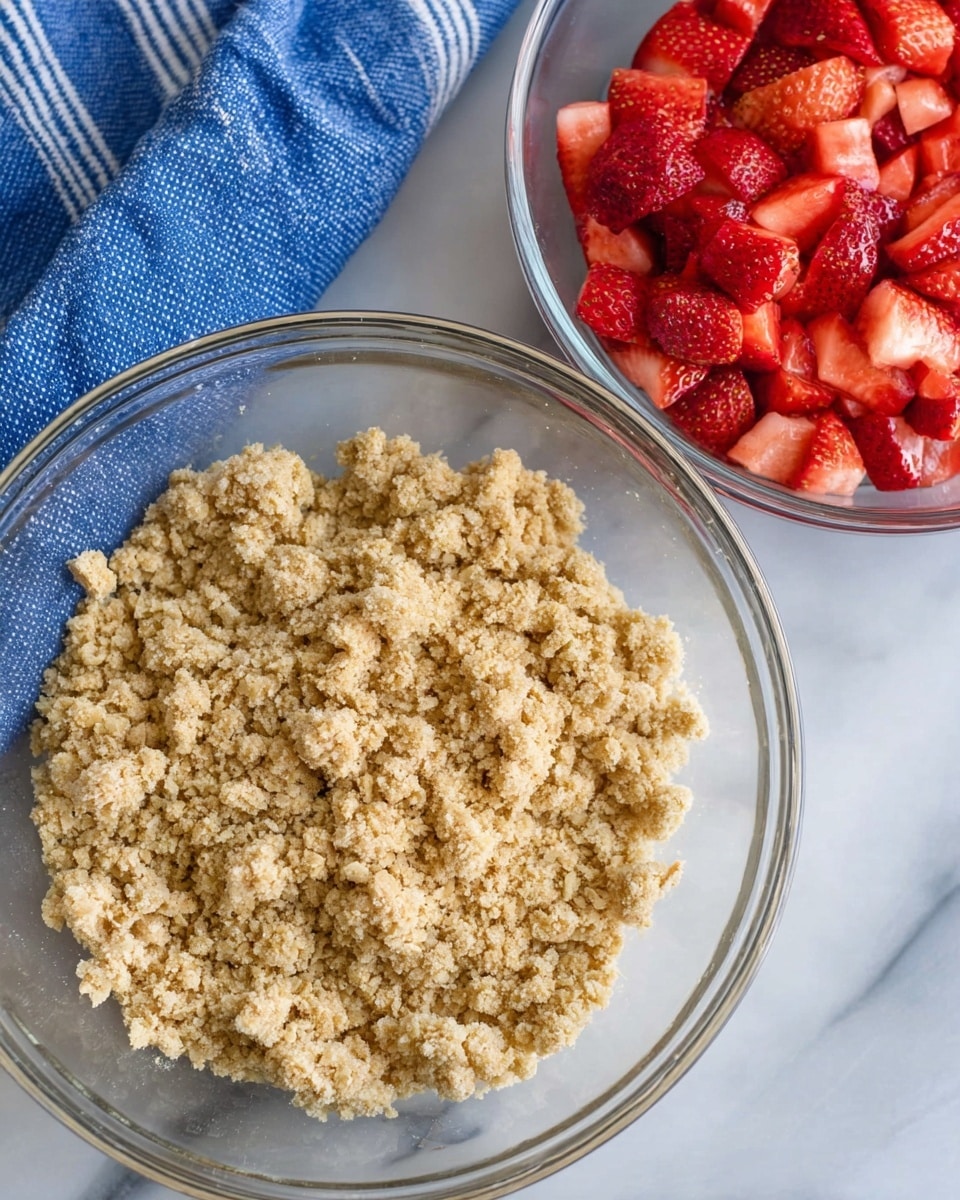 The image shows two glass bowls placed on a white marbled surface. The larger bowl in the front contains a crumbly mixture of oats, light brown sugar, and flour creating a rough texture with small and medium clumps spread evenly across the bowl. Behind and to the left, a smaller bowl holds bright red chopped strawberries with juicy, glossy surfaces, each piece varying in size. Near the bowls, a blue cloth with white stripes is partially visible. photo taken with an iphone --ar 4:5 --v 7