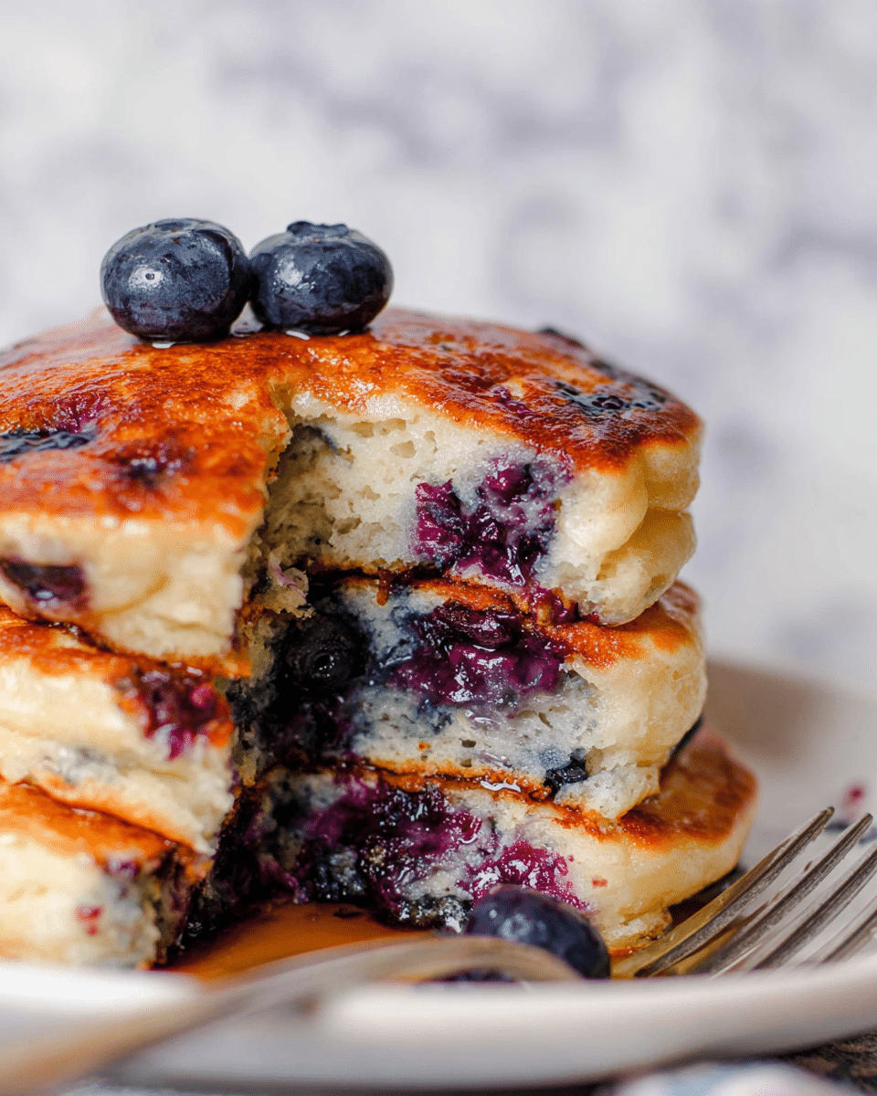 The image shows a stack of three thick, fluffy blueberry pancakes on a white plate, with the pancakes cut to show their soft, moist inside filled with juicy blueberries. The top pancake is golden brown with three fresh blueberries placed on top. The middle and bottom pancakes have visible blueberries that burst with purple juice that slightly drips down. A fork with a single blueberry next to it rests on the edge of the plate. The background is a white marbled texture. photo taken with an iphone --ar 4:5 --v 7