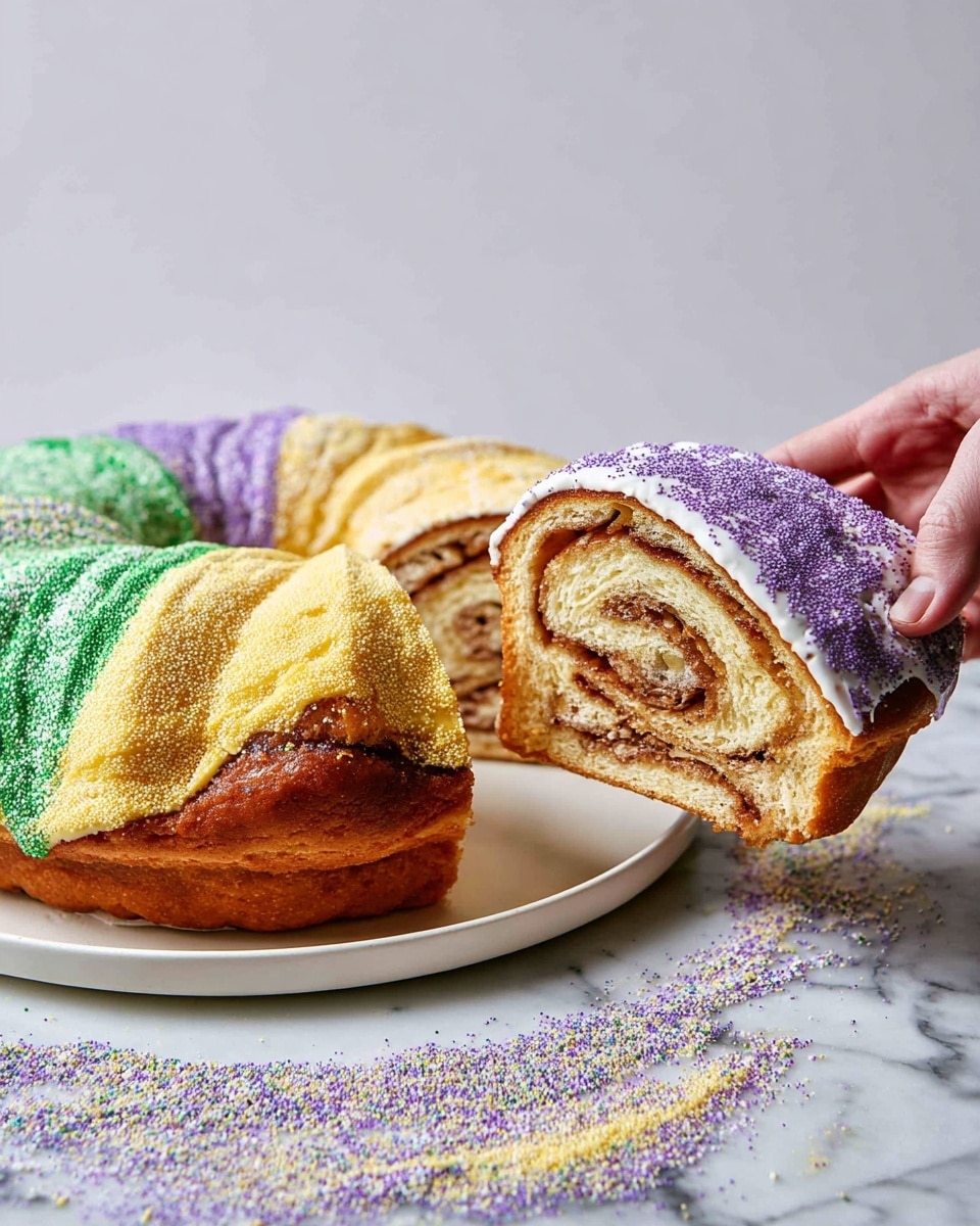 A round, ring-shaped cake with a golden brown crust is decorated on top with three sections of icing sugar in green, yellow, and purple, coated with matching colored sugar sprinkles. The cake is cut to show its inside layers, revealing a swirl of light tan dough wrapped around a darker cinnamon filling. The cake has a thick layer of white icing on one section topped with purple sugar sprinkles. A woman's hand is lifting a slice of the cake, showing its spiral pattern. The whole cake sits on a white plate on a white marbled surface dusted with bits of colored sugar. photo taken with an iphone --ar 4:5 --v 7
