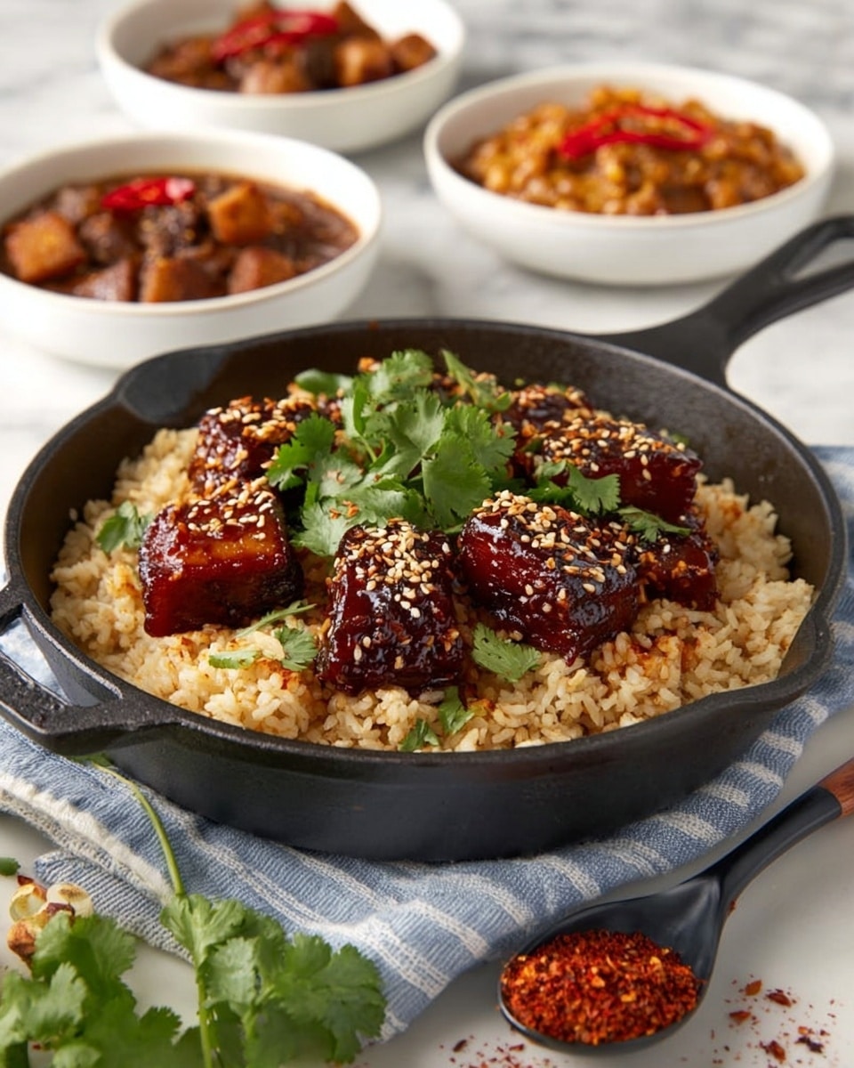 A black cast iron skillet sits on a beige cloth with thin blue stripes on a white marbled surface. Inside the skillet is a bed of light brown rice with small green herb leaves mixed in and scattered on top. On top of the rice are several pieces of shiny dark red-brown glazed chicken, sprinkled with white sesame seeds and more green herb leaves. In the background, there is a white bowl with red chili sauce garnished with a red chili pepper and green herbs, a small black bowl of pale yellow grains, and another black bowl with dark orange chicken pieces in sauce. A black spoon in the foreground holds a red powdered spice. Photo taken with an iphone --ar 4:5 --v 7