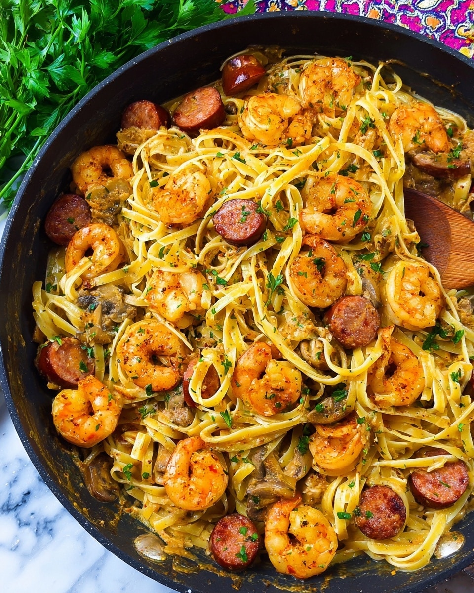 A close-up view of a black pan filled with creamy pasta, layered with golden-orange cooked shrimp scattered all over, with medium brown sausage slices mixed evenly through the noodles. The pasta strands are light yellow and shiny from the sauce, intertwined with bits of green herbs and small pieces of mushrooms. On the side, fresh green parsley adds color, while the background shows a white marbled surface and part of a patterned cloth. photo taken with an iphone --ar 4:5 --v 7