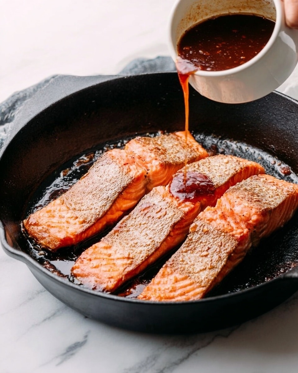 The image shows four salmon fillets cooked to a golden brown color, placed side by side inside a black cast iron pan. A woman's hand is pouring a thick, dark reddish-brown sauce over the fish from a small white cup. The background surface is white marble, creating a clean and bright contrast with the dark pan and vibrant salmon. The salmon's skin side is visible, showing a light sear with a slightly crisp texture. The scene gives a fresh, simple cooking moment. photo taken with an iphone --ar 4:5 --v 7