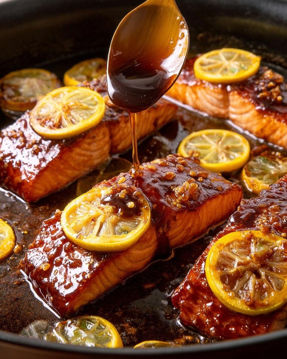 The image shows four thick salmon fillets cooking in a black pan, each topped with a yellow lemon slice. The salmon pieces are covered in a shiny dark brown sauce that looks sticky and rich, with small bits of seasoning on top. A spoon held by a woman's hand drizzles more sauce over one of the front fillets. Around the fillets, there are some cooked lemon slices that are darker in color. The pan has a glossy surface reflecting the sauce and light, making the salmon look juicy and well cooked. photo taken with an iphone --ar 4:5 --v 7