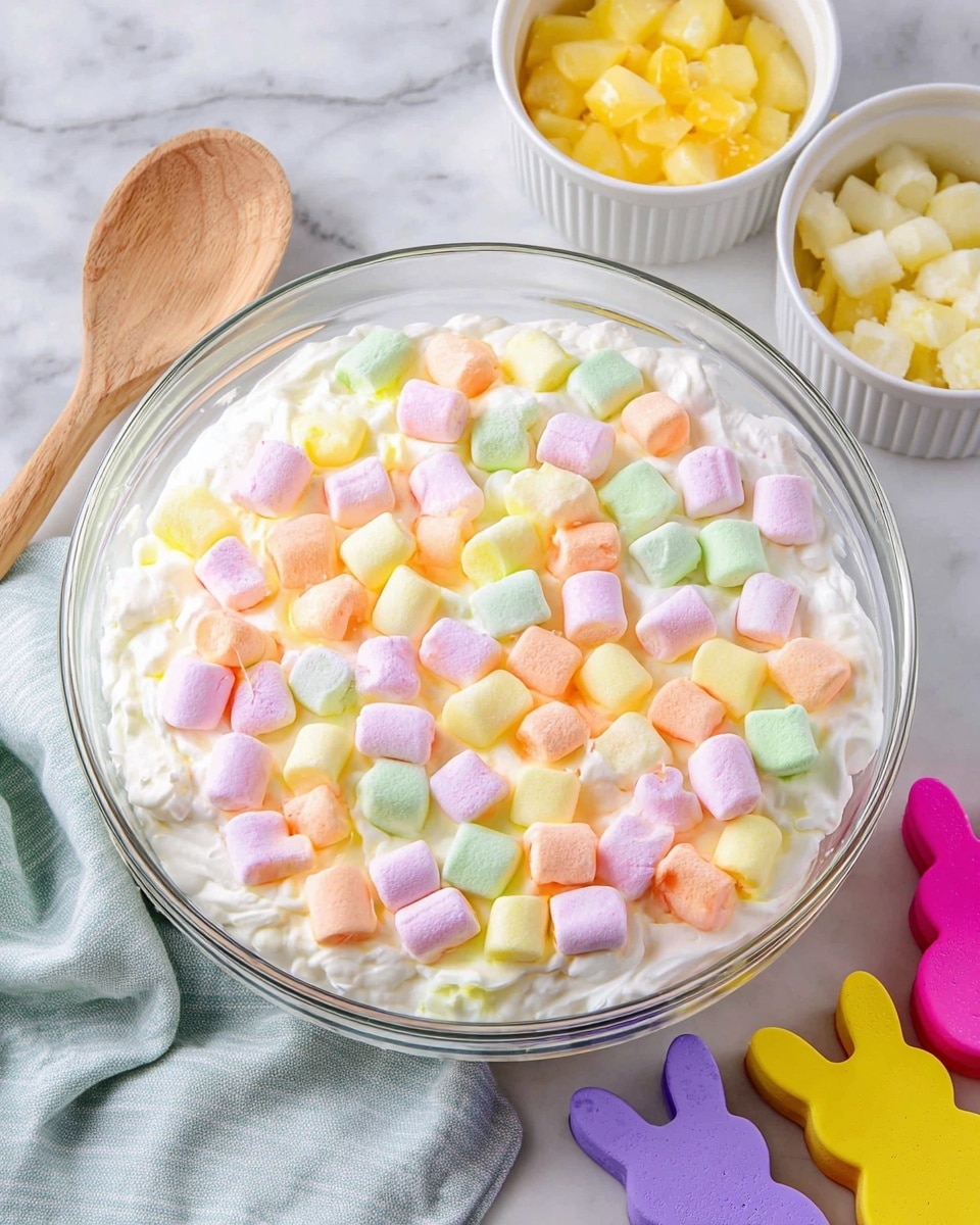 A clear glass bowl filled with a white, creamy mixture topped with many small, soft pastel marshmallows in colors like pink, yellow, green, and orange, spread evenly over the top. Nearby, three white ramekins hold diced yellow fruit, diced white fruit in syrup, and some yellow grated substance. To the right, there are colorful marshmallow bunny shapes in pink, purple, and yellow, placed on a white marbled surface. A wooden spoon and a light blue striped cloth are partially visible at the bottom corners of the image. Photo taken with an iphone --ar 4:5 --v 7