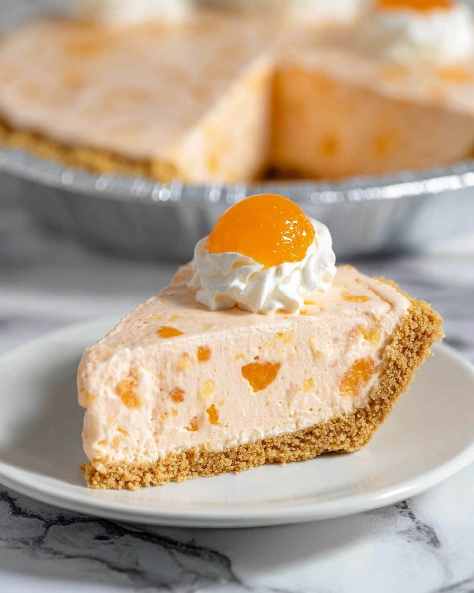 The image shows a single slice of orange mousse pie on a white plate, placed on a white marbled surface. The pie has two visible layers: a thick, light orange mousse layer with small orange pieces inside, sitting on top of a golden brown crumb crust that forms the base and sides of the slice. On top of the mousse, there is a small dollop of white whipped cream, crowned with a bright, glossy orange fruit topping. In the background, the rest of the pie sits in a shiny aluminum pie tin, slightly out of focus, with one slice already removed. Photo taken with an iphone --ar 4:5 --v 7