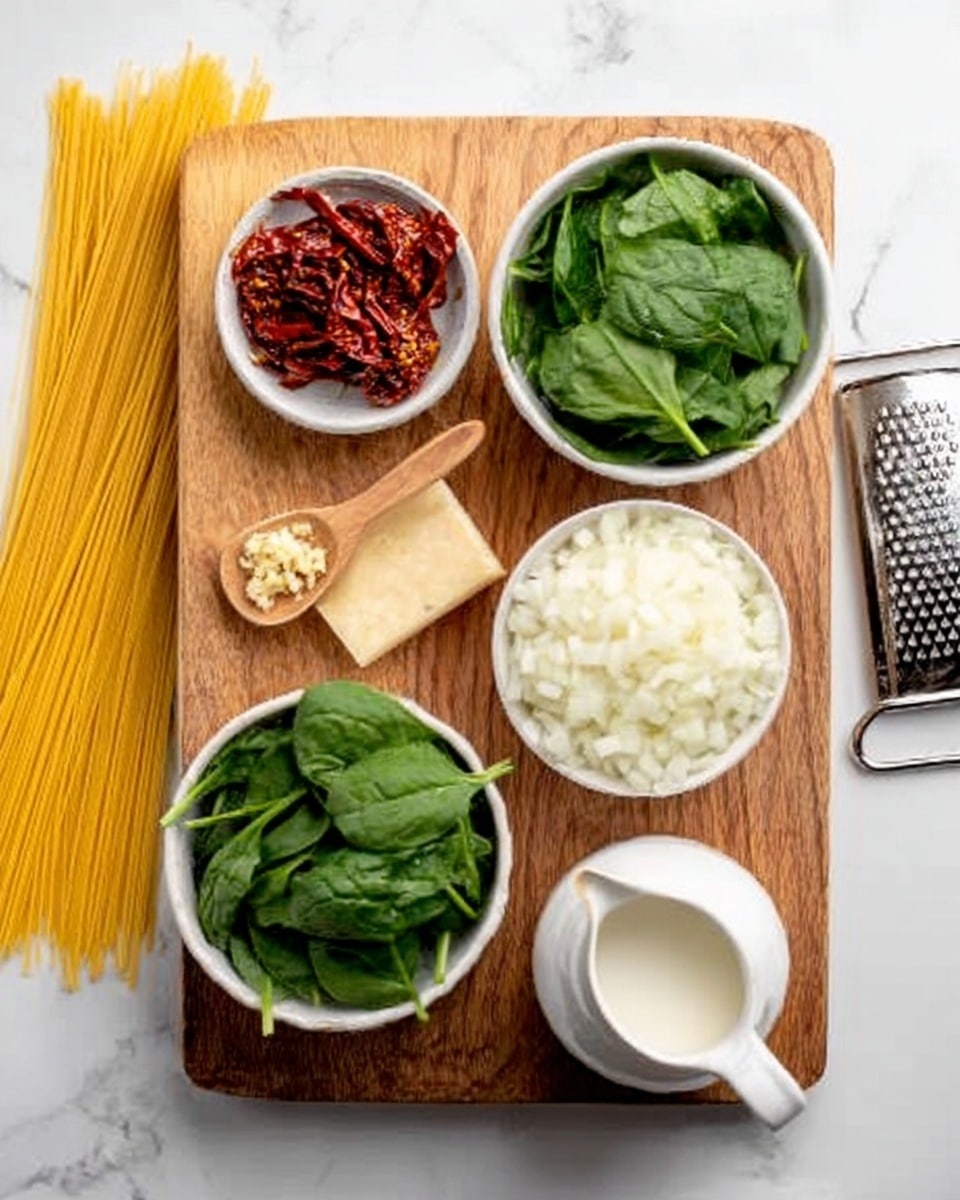 A wooden board on a white marbled surface holds four white bowls and a spoon with minced garlic. The upper left bowl contains dried red chili peppers, and the upper right bowl is filled with fresh green spinach leaves. The lower right bowl has finely chopped white onions. On the left side of the board, uncooked yellow spaghetti noodles are spread out. Next to the board on the right is a white small pitcher with cream or milk and a cheese grater with a block of cheese. Photo taken with an iphone --ar 4:5 --v 7